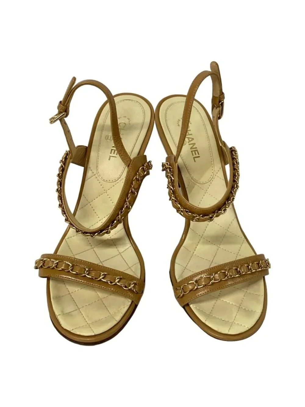 Chanel Sandals 37.5 C Light Brown Gold Chain Leather